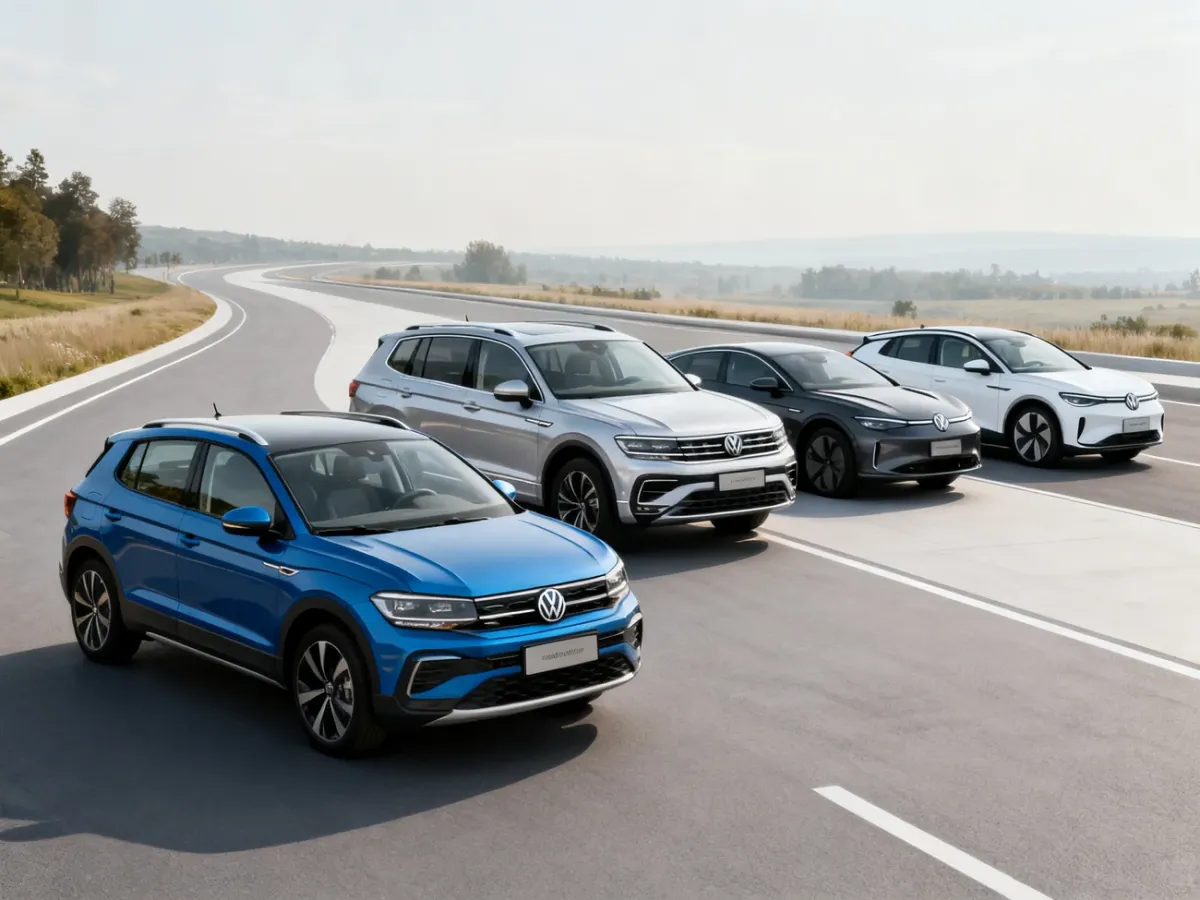 Gama samochodów SUV Volkswagena ustawionych na tle malowniczej drogi
