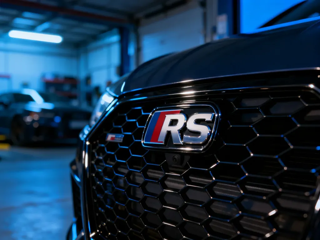 Zbliżenie na emblemat RS umieszczony na czarnym grillu samochodu marki Audi w wieczornym oświetleniu.