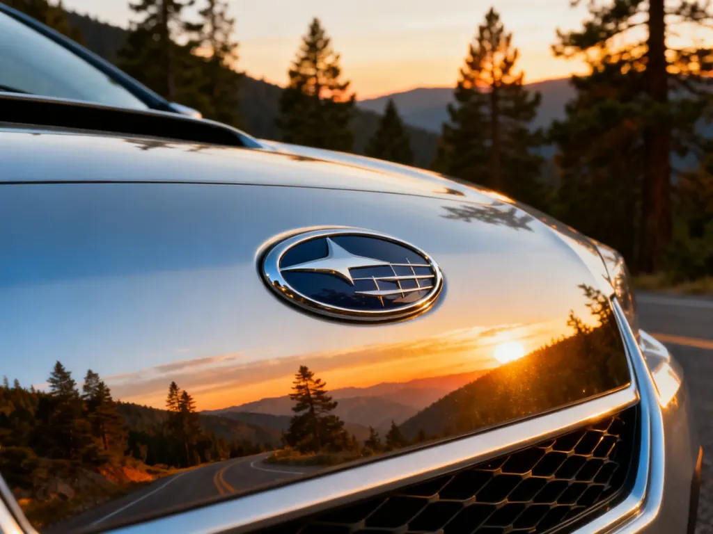 Srebrne logo Subaru na masce samochodu z odbiciem górskiej drogi w blasku zachodzącego słońca.