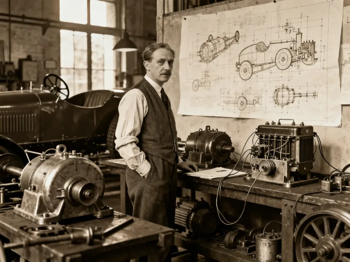 Ferdinand Porsche w historycznym warsztacie konstruktorskim