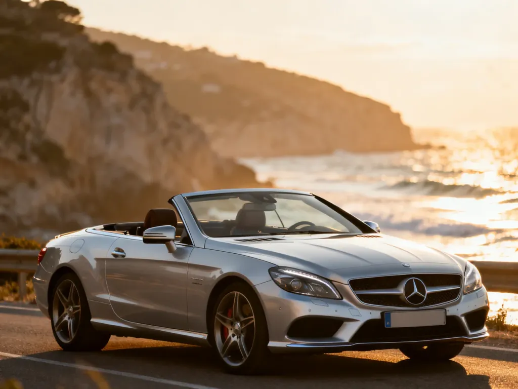 Srebrny Mercedes cabrio z otwartym dachem zaparkowany na malowniczym wybrzeżu w świetle zachodzącego słońca.