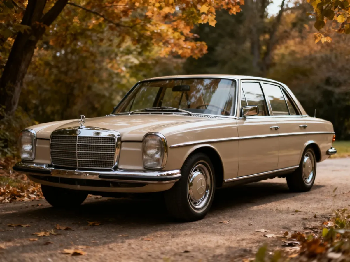 Odrestaurowany Mercedes W114 Coupé z charakterystycznymi bezsłupkowymi szybami