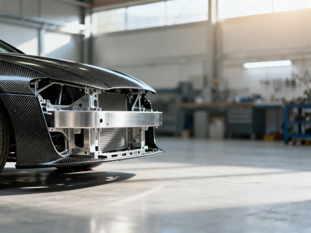 Nowoczesne podwozie samochodu wykonane z włókna węglowego i aluminium, podkreślające innowacyjne, lekkie konstrukcje.