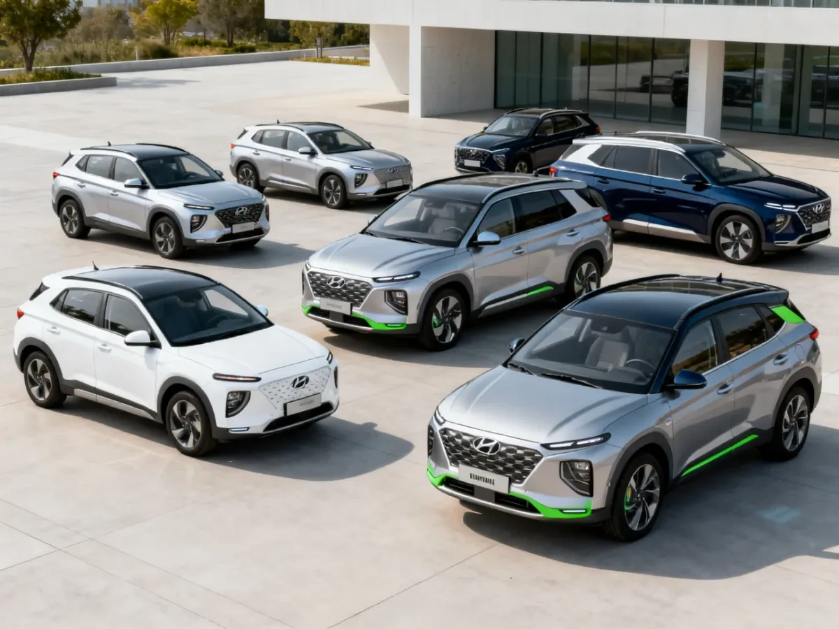 Gama sześciu SUV-ów Hyundai ustawionych obok siebie