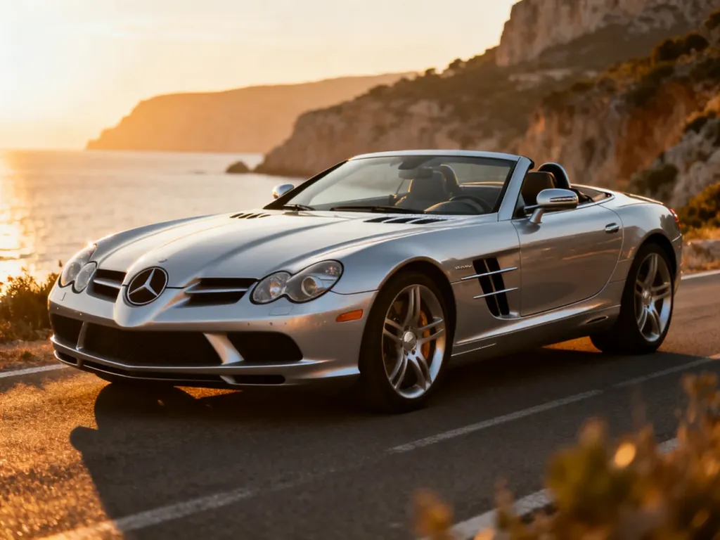 Srebrny Mercedes SLR McLaren Roadster zaparkowany na malowniczym nadmorskim wybrzeżu podczas zachodu słońca.