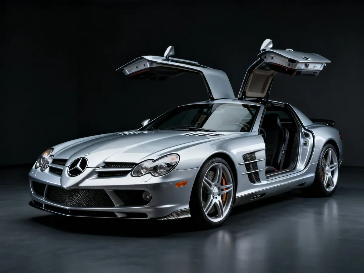 Srebrny Mercedes-Benz SLR McLaren z charakterystycznymi unoszonymi drzwiami