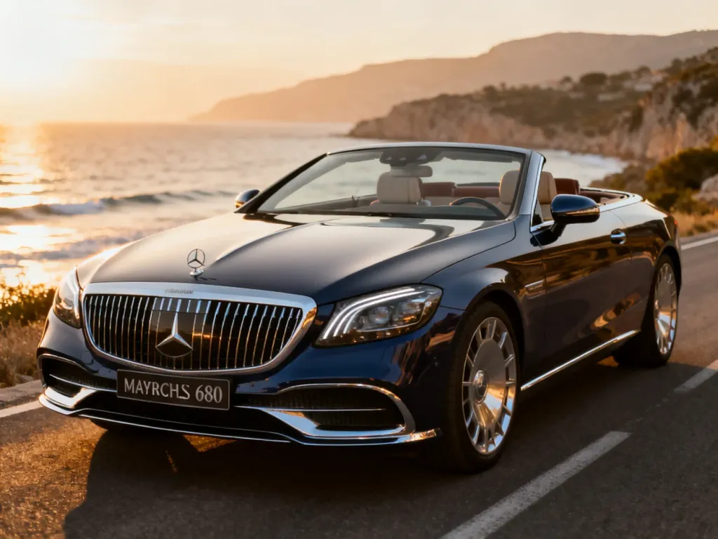 Mercedes-Maybach SL 680 zaparkowany na malowniczym nadmorskim wybrzeżu w świetle zachodzącego słońca.