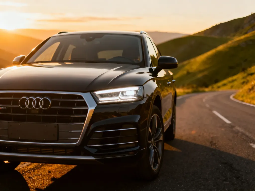 Nowoczesne Audi Q5 zaparkowane na malowniczej górskiej drodze w świetle zachodzącego słońca.
