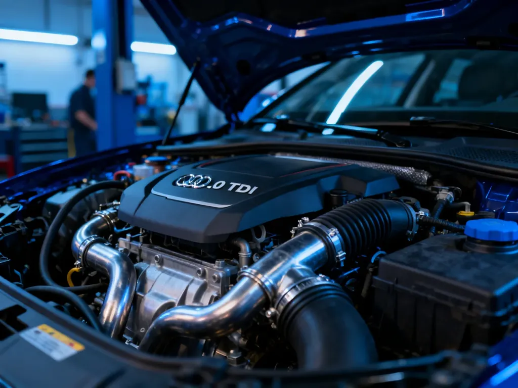 Widok komory silnika 2.0 TDI w Audi A4 B8 z widocznymi podzespołami mechanicznymi w profesjonalnym warsztacie.