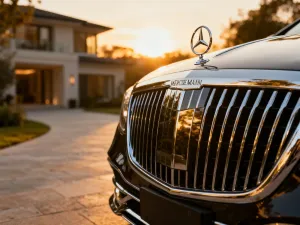 Luksusowy Mercedes-Maybach S 680 zaparkowany przed nowoczesną willą w świetle zachodzącego słońca.