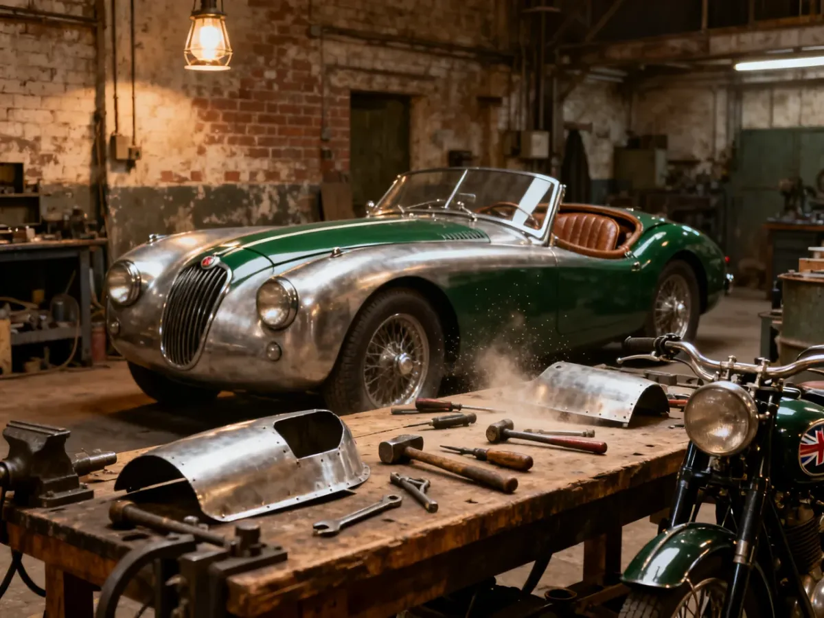 Historyczne zestawienie początków firmy Swallow Sidecar i powojennego Jaguara