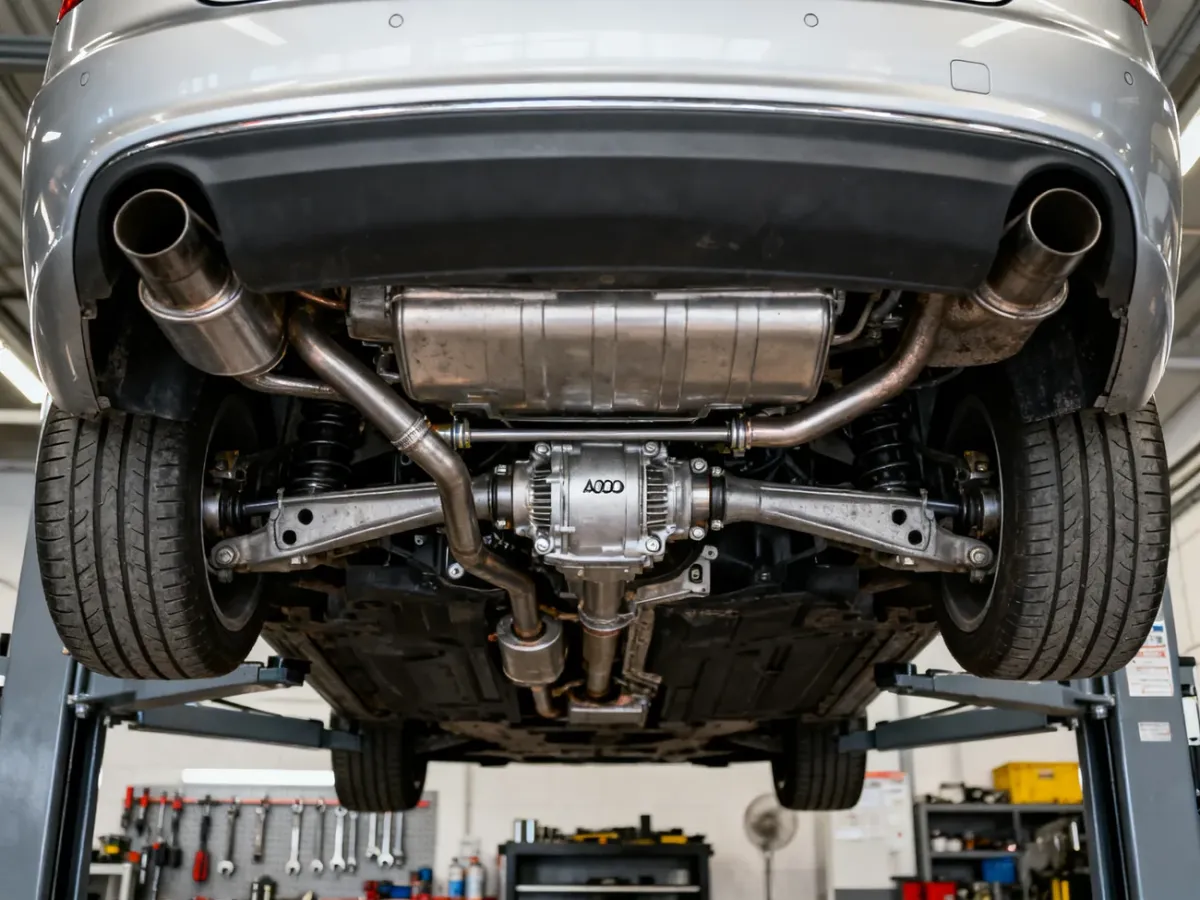 Audi A4 B7 Quattro na podnośniku z widocznymi elementami napędu