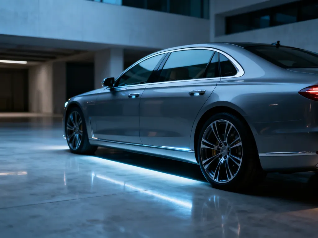 Boczny profil luksusowego sedana Mercedes klasy S, podkreślający jego wydłużoną sylwetkę i eleganckie felgi.