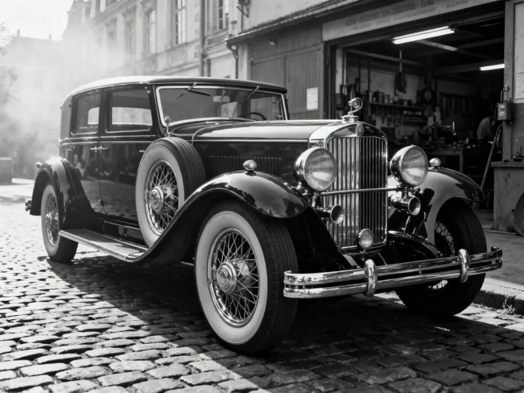 Zabytkowy samochód marki Mercedes zaparkowany na brukowanej ulicy przed dawnym warsztatem w stylu retro.