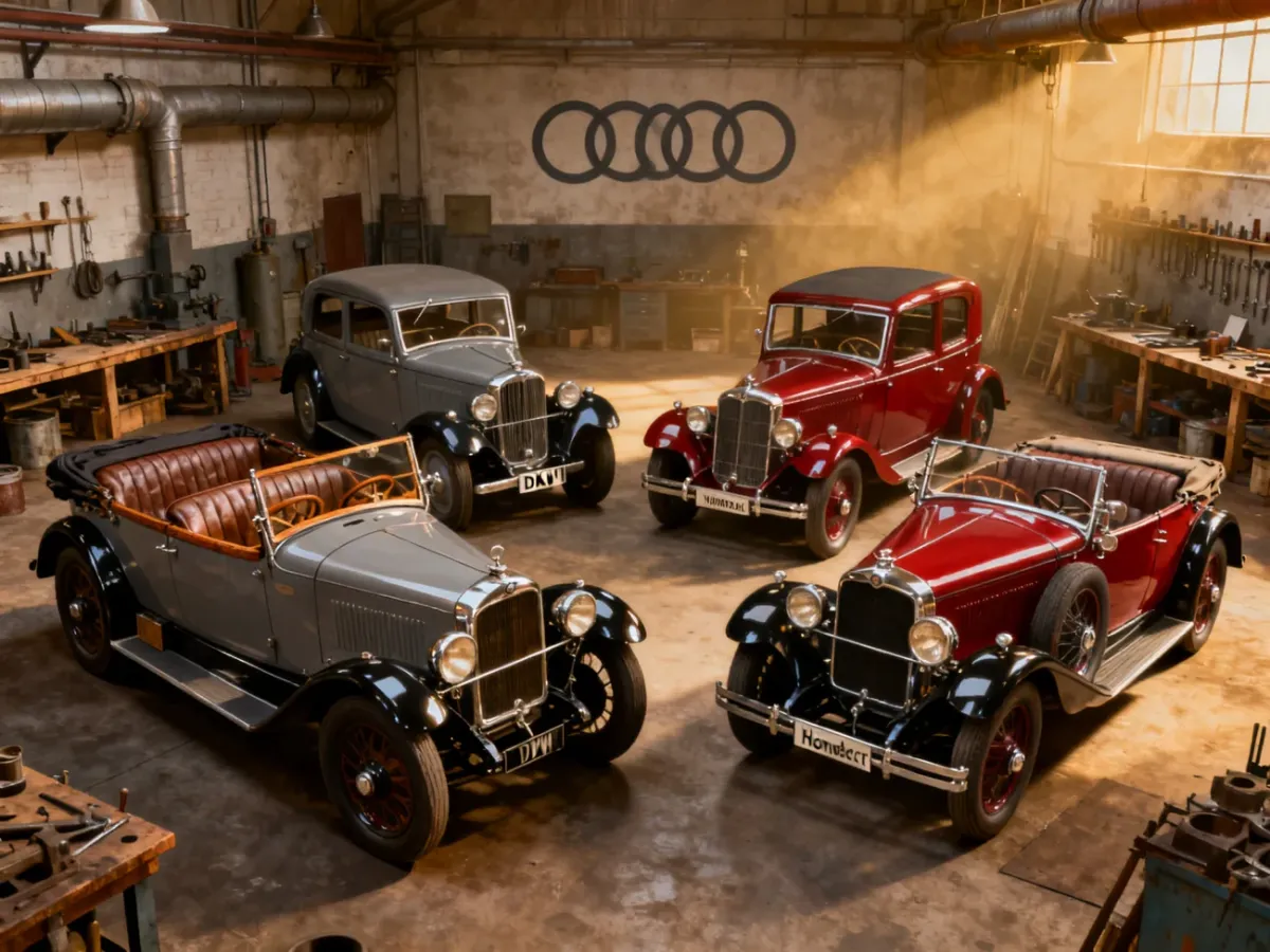 Zabytkowe samochody symbolizujące połączenie czterech marek Auto Union