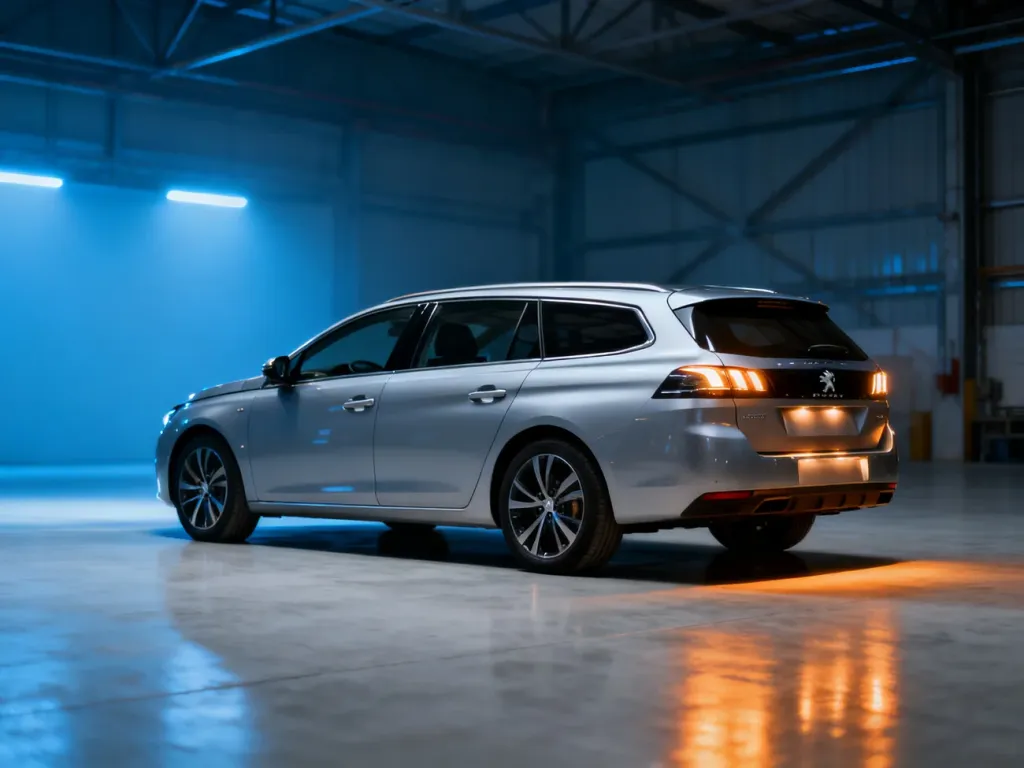 Srebrne kombi marki Peugeot w nowoczesnym studiu, podkreślające aerodynamiczną sylwetkę i przestronny bagażnik modelu.
