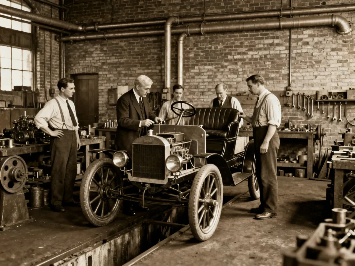 Henry Ford examining an early automobile in a Detroit workshop