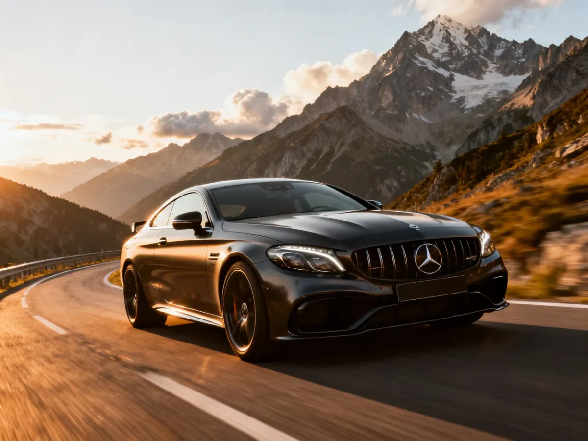 Mercedes-AMG C63 Coupe C205 na krętej górskiej drodze