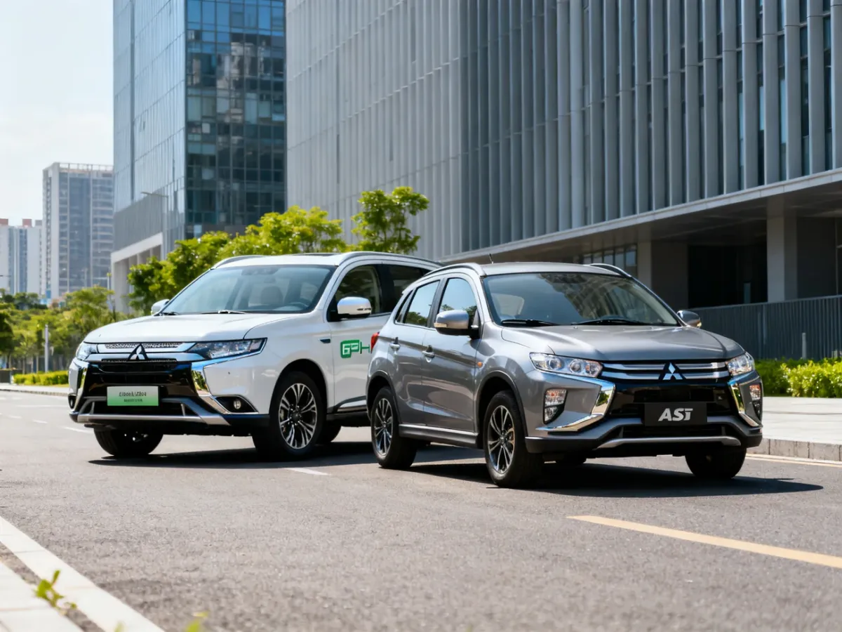 Mitsubishi ASX i większy Outlander PHEV zaparkowane obok siebie w mieście