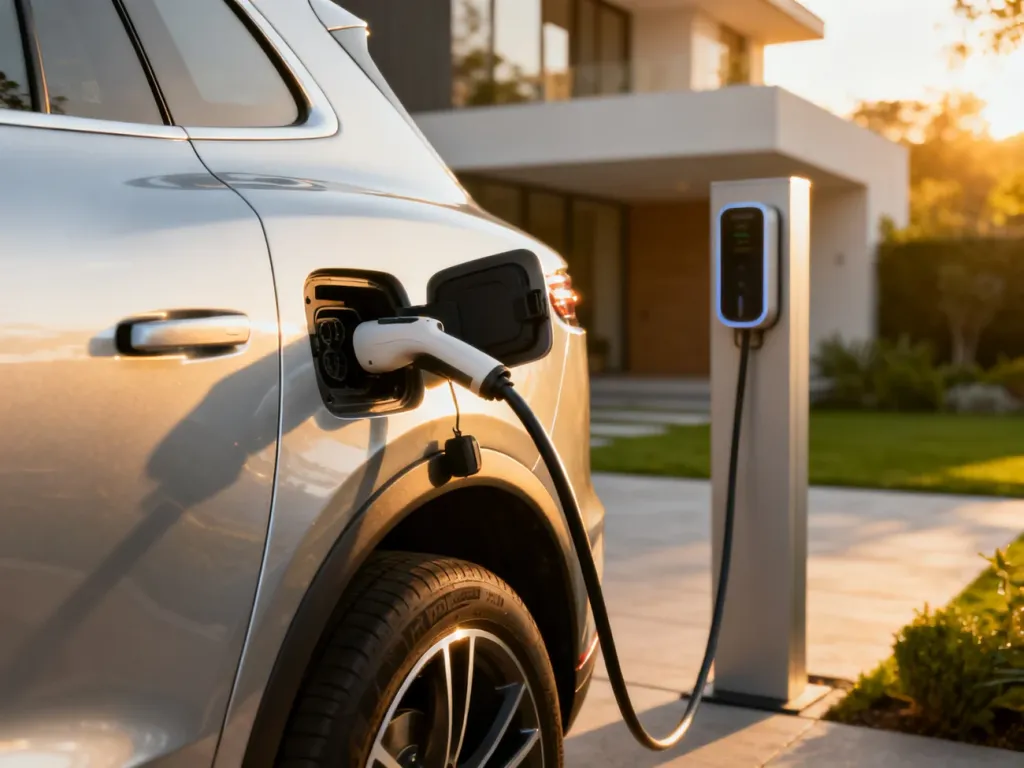 Srebrny Mercedes GLE plug-in ładowany przy nowoczesnej stacji domowej w świetle zachodzącego słońca.