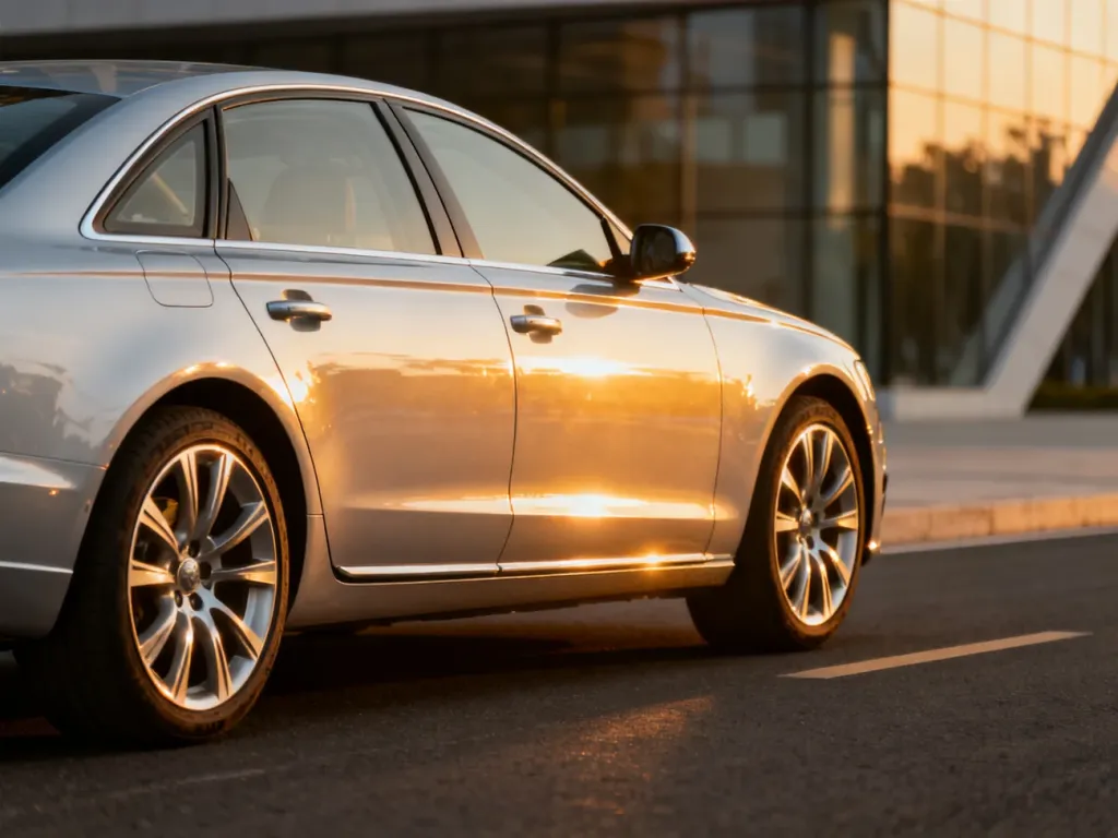 Srebrny sedan Audi A4 zaparkowany na tle nowoczesnego budynku w świetle zachodzącego słońca.