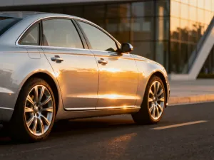 Srebrne Audi A6 C5 zaparkowane na nowoczesnej drodze w świetle zachodzącego słońca, prezentujące sylwetkę klasycznego modelu.