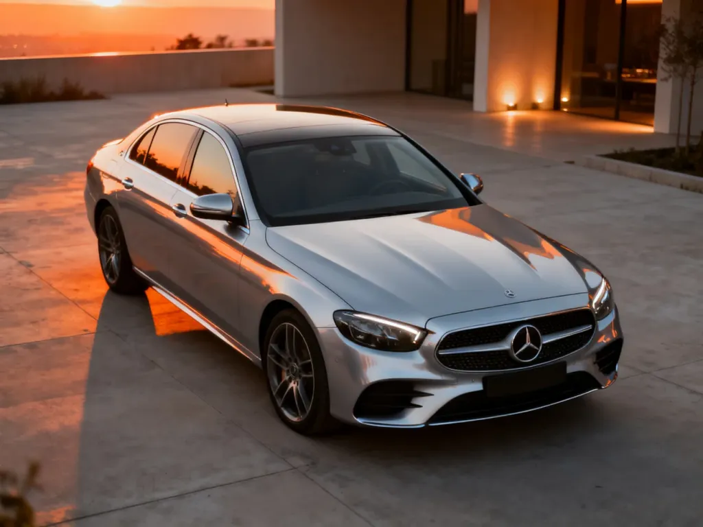 Nowoczesny, srebrny sedan marki Mercedes-Benz zaparkowany na minimalistycznym podjeździe w blasku zachodzącego słońca.