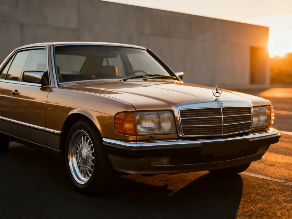 Klasyczny Mercedes-Benz 560 SEC zaparkowany na asfalcie w świetle zachodzącego słońca, podkreślającym jego elegancką sylwetkę.