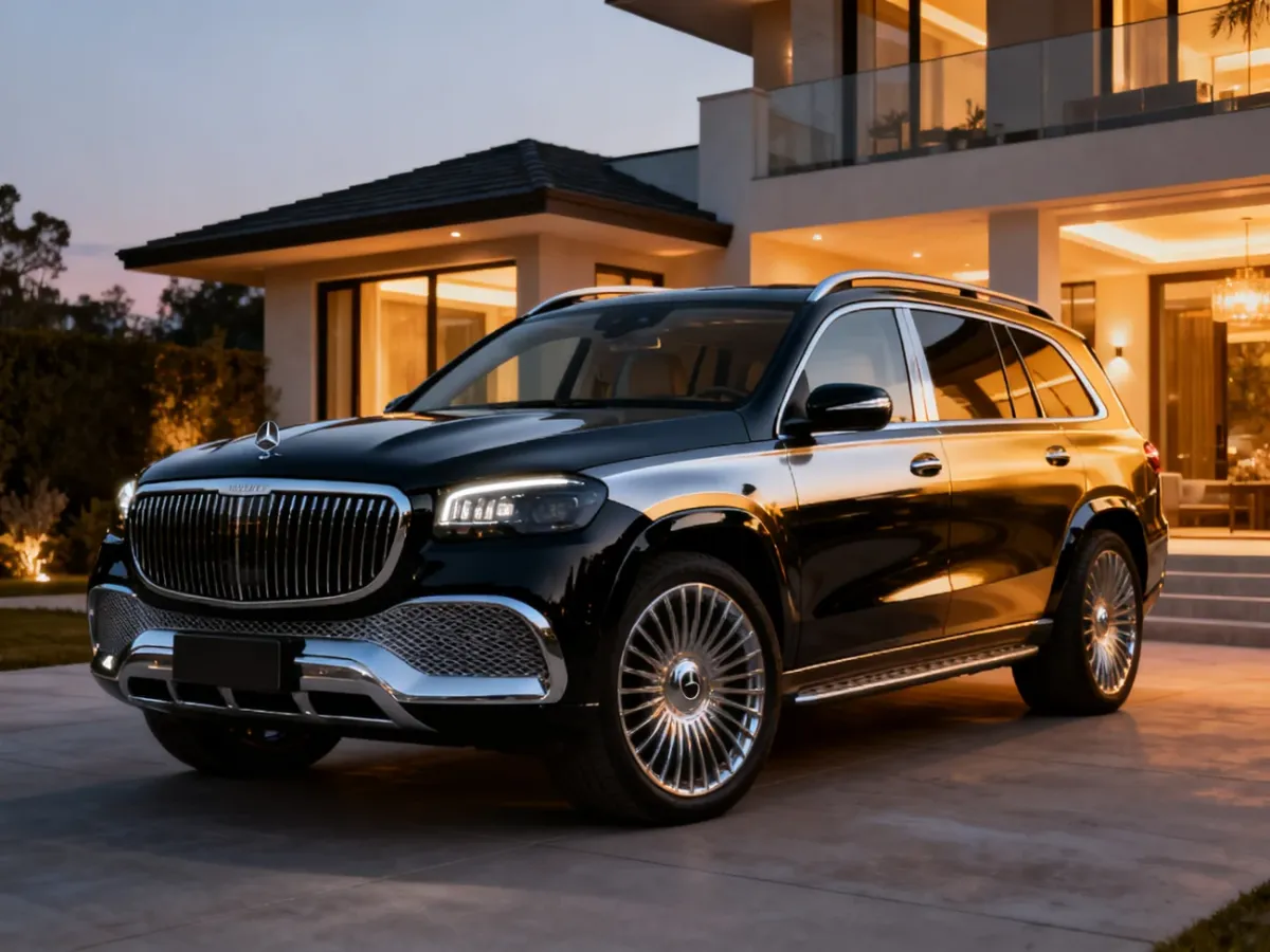 Luksusowy Mercedes-Maybach GLS zaparkowany przed elegancką rezydencją