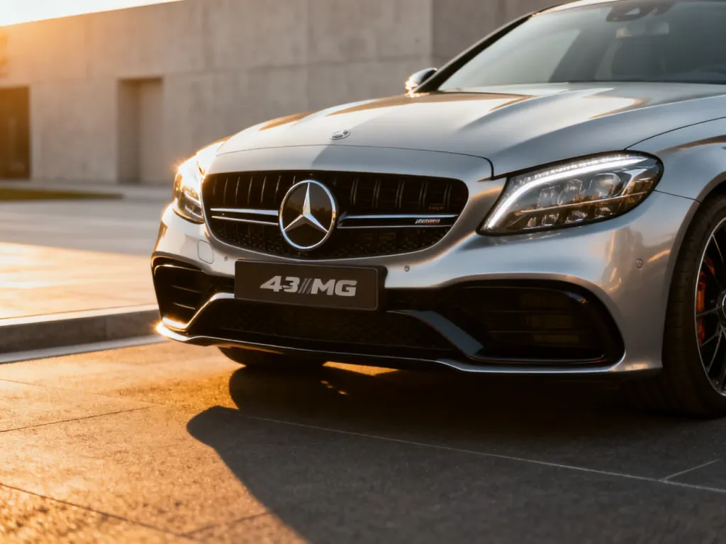 Zbliżenie na przód srebrnego Mercedesa C43 AMG z wyrazistym grillem i sportowymi reflektorami w świetle zachodzącego słońca.