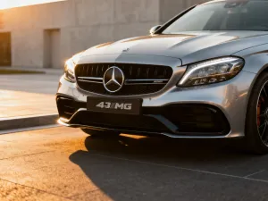 Srebrny Mercedes-AMG C 53 zaparkowany na torze wyścigowym w wieczornym, kinowym oświetleniu.