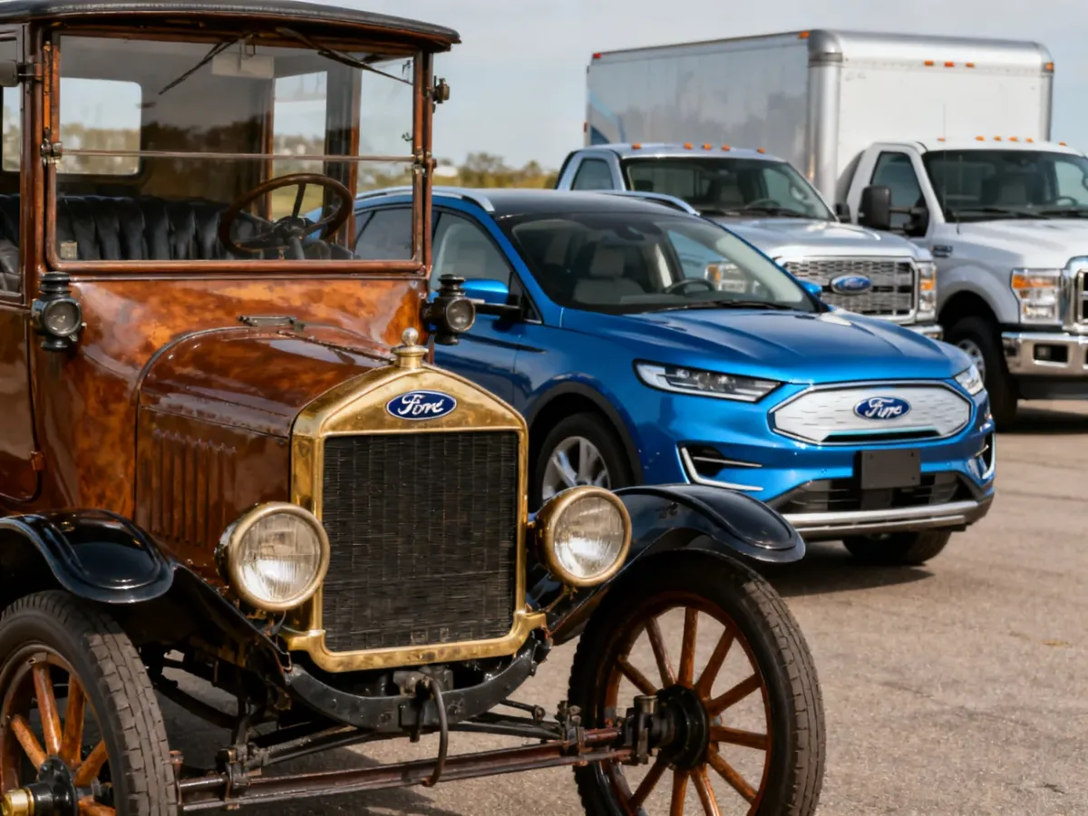 Kultowy Ford Model T otoczony współczesnymi modelami marki