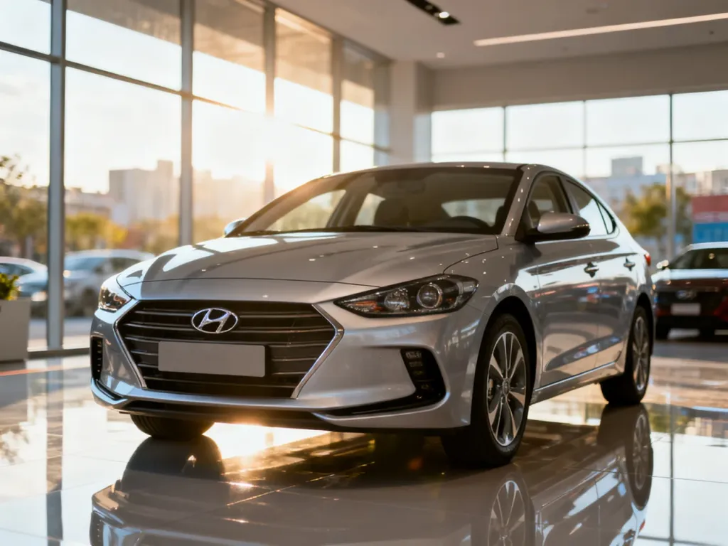 Srebrny samochód marki Hyundai zaparkowany w nowoczesnym, jasnym salonie samochodowym z widokiem na miasto.