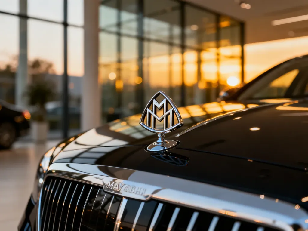Luksusowy emblemat Maybach z podwójnym M na masce czarnego sedana, podkreślający prestiżowy charakter marki.