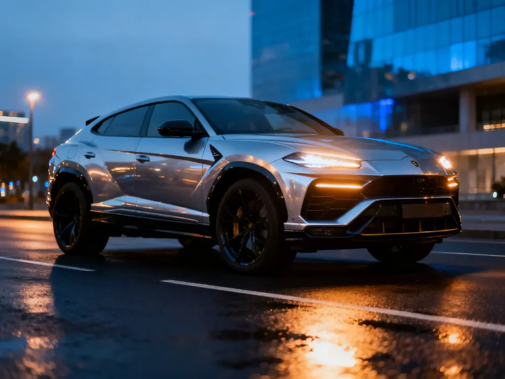 Srebrny Mercedes GLE Coupe zaparkowany na mokrym asfalcie o zmierzchu, podkreślający dynamiczną sylwetkę i nowoczesny design.