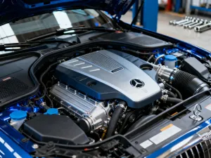 Zabytkowy, niebieski Ford Mustang zaparkowany na malowniczej nadmorskiej drodze podczas zachodu słońca.