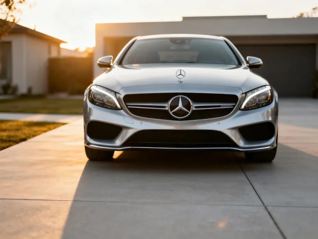 Srebrny sedan Mercedes-Benz zaparkowany na nowoczesnym podjeździe w świetle zachodzącego słońca.
