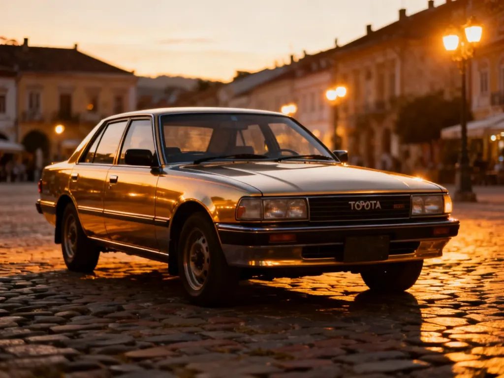 Klasyczna Toyota z lat 80. zaparkowana na brukowanej uliczce starego miasta w blasku zachodzącego słońca.