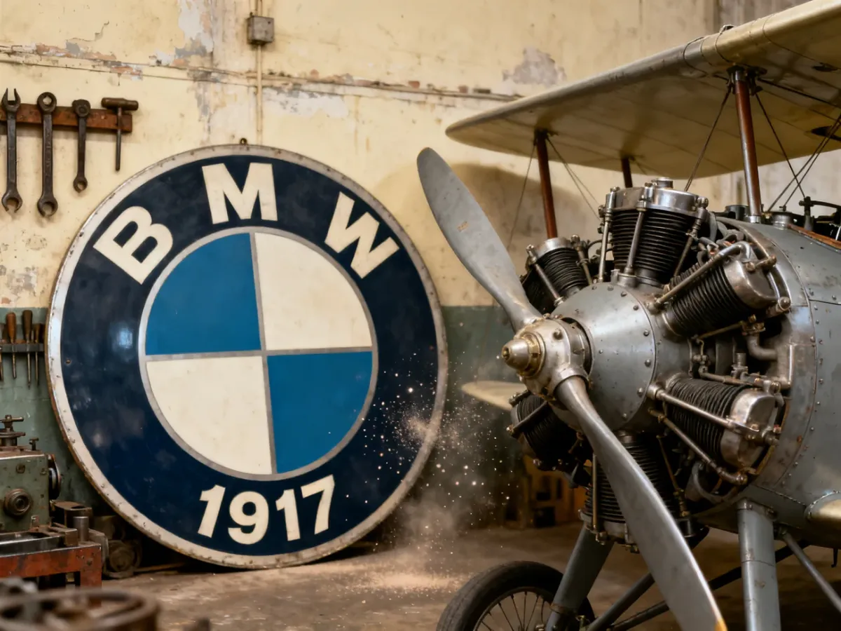Historyczne logo BMW obok silnika lotniczego w warsztacie z początku XX wieku