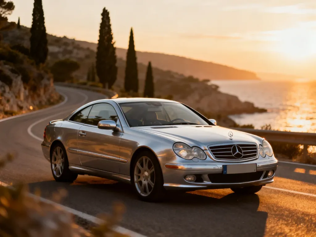 Srebrny Mercedes CLK zaparkowany na malowniczej, nadmorskiej drodze podczas zachodu słońca.