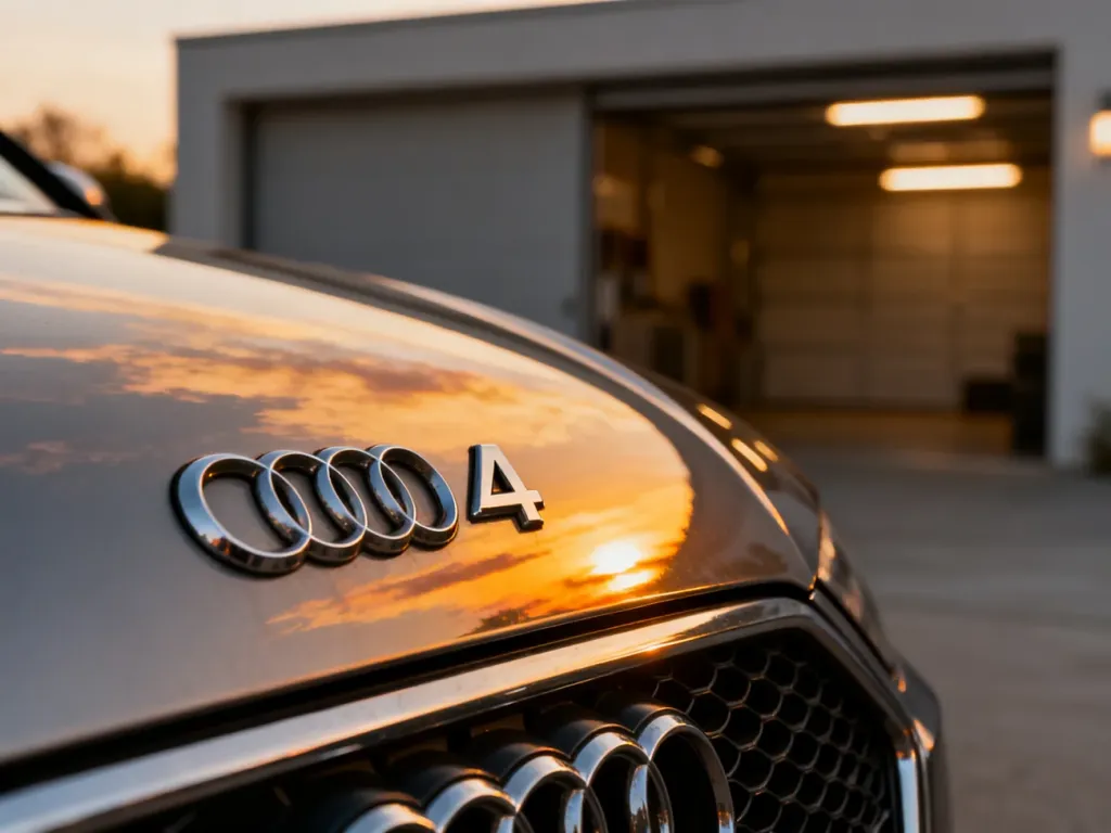 Zbliżenie na emblemat Audi A4 na polerowanej masce samochodu w ciepłym świetle zachodzącego słońca.