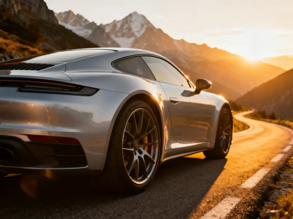 Srebrne Audi TT Quattro zaparkowane na krętej górskiej drodze w blasku zachodzącego słońca.