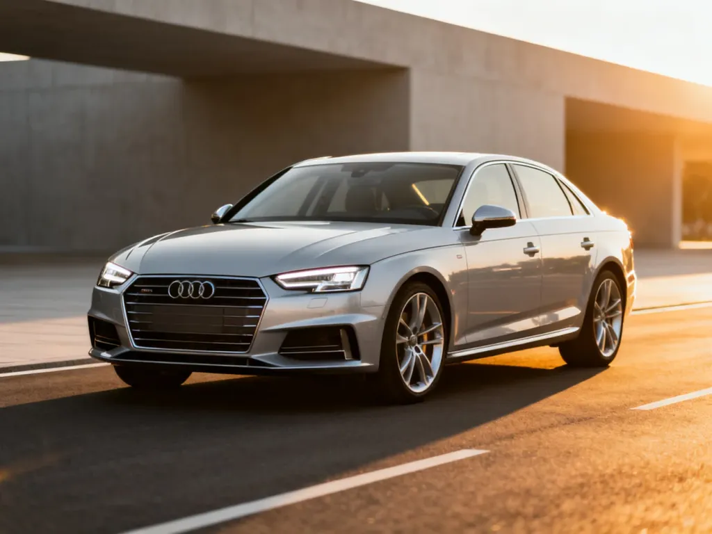 Srebrne Audi A4 B9 zaparkowane na nowoczesnej drodze w świetle zachodzącego słońca, podkreślającym detale nadwozia.