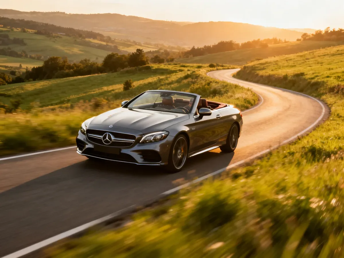 Mercedes-Benz kabriolet podczas malowniczej przejażdżki z otwartym dachem