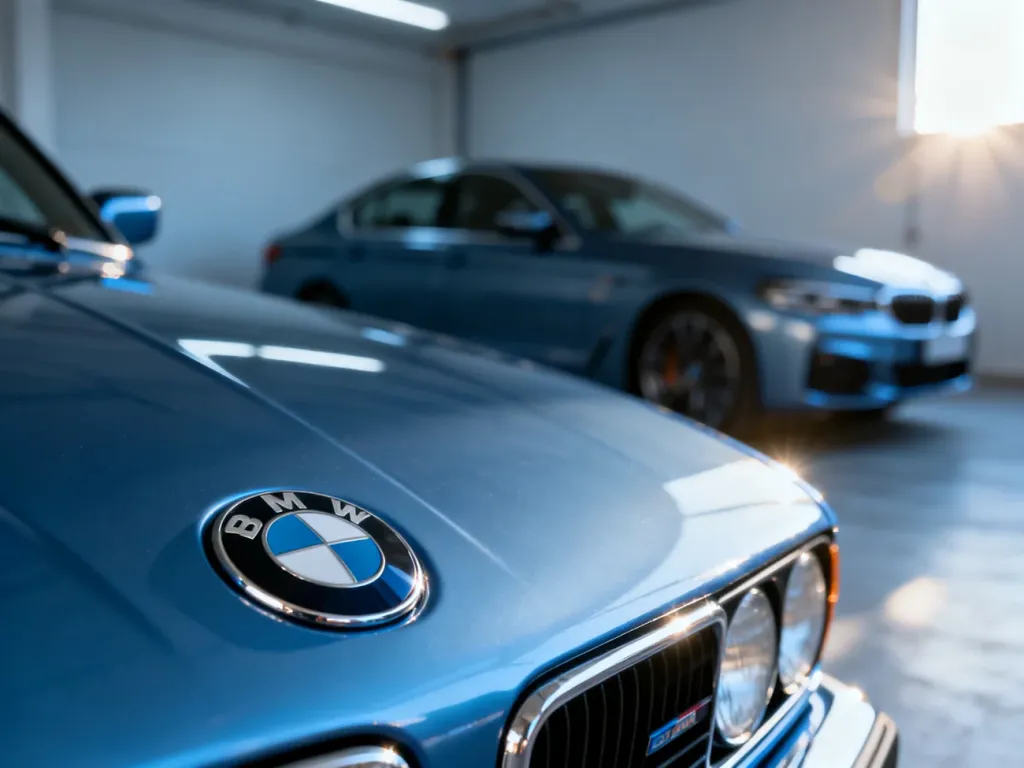 Zbliżenie na klasyczne logo BMW serii 3 na tle nowoczesnego sedana, symbolizujące ewolucję i dziedzictwo marki.