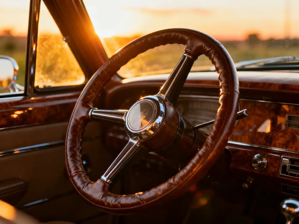 Zbliżenie na skórzaną kierownicę klasycznego samochodu na tle zachodzącego słońca, podkreślające elegancję dawnej motoryzacji.