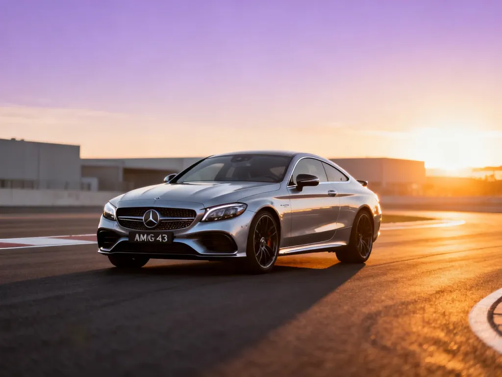 Srebrny Mercedes AMG C43 Coupe zaparkowany na torze wyścigowym podczas zachodu słońca.