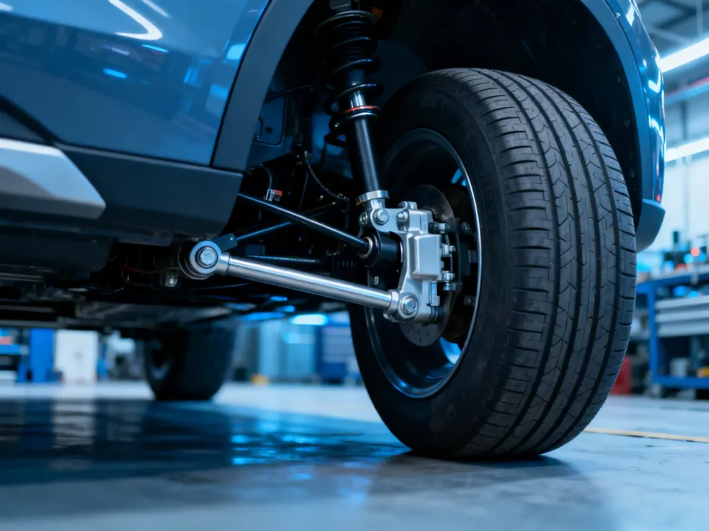 Zbliżenie na mechanizm tylnej osi samochodu z lekko skręconym kołem, ilustrujące działanie systemu skrętnych kół.