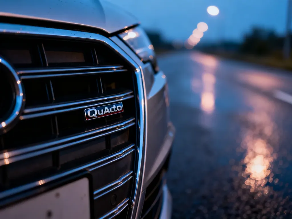 Emblemat Quattro na atrapie chłodnicy Audi A4 B7 na tle mokrej nawierzchni w wieczornym oświetleniu.