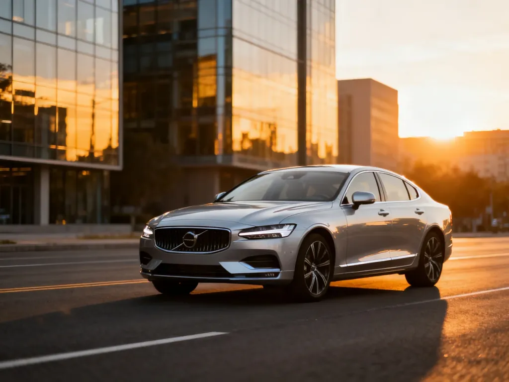 Srebrny sedan marki Nissan zaparkowany na pustej drodze o zachodzie słońca, podkreślający nowoczesny i aerodynamiczny design.